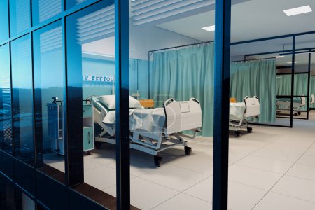 Capturando la esencia del cuidado de la salud sereno, esta imagen muestra una sala de hospital vacía de última generación con camas modernas y equipo médico esencial mientras desciende la noche.