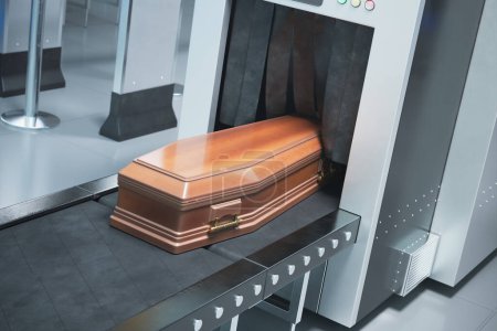Ein eleganter, moderner Sarg steht an der Schwelle zu einer modernen Krematoriumskammer und verkörpert den Fortschritt der Bestattungspraxis und technologische Innovationen in der Branche..