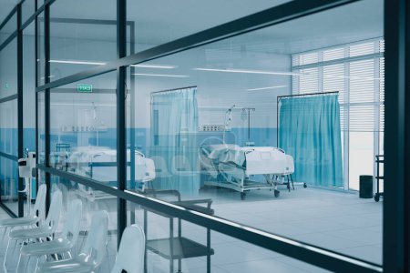 Foto de Una habitación de hospital meticulosamente limpia y contemporánea, con camas médicas y equipo esencial, enmarcado en un entorno sereno visible a través de una gran ventana de cristal. - Imagen libre de derechos