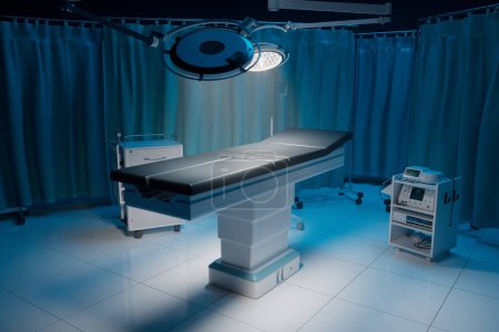 Pristine surgical suite showcasing cutting-edge technology, an operating table, and intensive surgical lighting, embodying the pinnacle of modern medical environments.