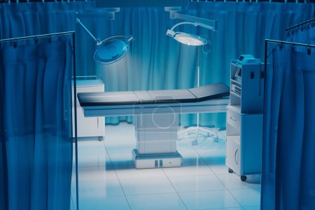 Téléchargez les photos : Cette image capture un théâtre chirurgical ultramoderne, parfaitement équipé d'instruments médicaux de haute technologie, d'un éclairage chirurgical et d'une table opérationnelle prête pour les procédures avancées.. - en image libre de droit