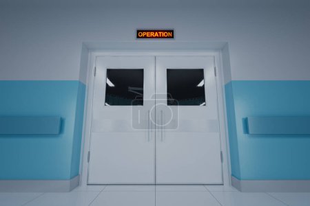 Téléchargez les photos : Vue d'un couloir d'hôpital stérile avec portes doubles bleues fermées portant le panneau OPÉRATION, symbolisant l'état de préparation et l'intimité d'une installation de chirurgie médicale. - en image libre de droit
