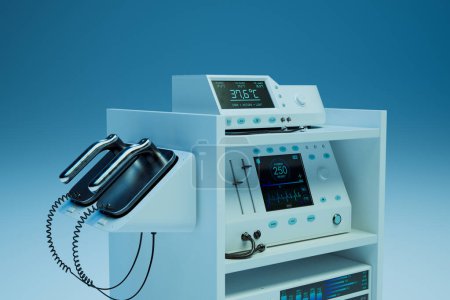 Foto de Una amplia exhibición de instrumentos médicos, incluyendo unidades de monitoreo de temperatura y control de potencia, alineados cuidadosamente contra un fondo azul en un entorno de atención médica. - Imagen libre de derechos