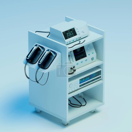 Foto de Un carro de equipo médico avanzado, totalmente equipado con herramientas de diagnóstico de última generación utilizadas en hospitales modernos, contra un telón de fondo azul estéril. - Imagen libre de derechos
