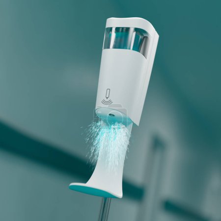 Photo for An in-depth look at an advanced, touch-free hand sanitizer dispenser in use, with a focus on the hygiene technology it provides. The image captures soap suds being emitted - Royalty Free Image