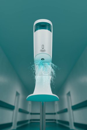 This image showcases a pioneering hand sanitizer dispenser with no-touch technology, demonstrating a hygienic solution against a sleek background with soft lighting highlights.