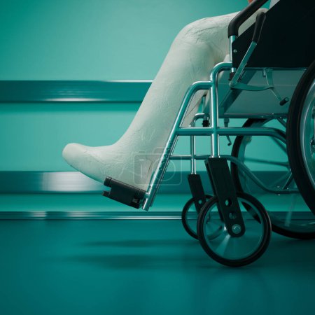 Vista detallada de la pierna de un individuo encerrada en un yeso blanco, levantada sobre un cojín para silla de ruedas, colocada sobre un fondo en color verde azulado contrastante, que ilustra el cuidado de las lesiones y la rehabilitación.