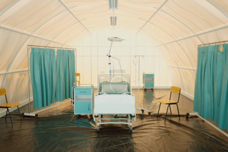 Detailansicht eines voll ausgestatteten Feldlazarett-Zeltes mit medizinischem Material, einem Krankenhausbett und anderen wichtigen medizinischen Geräten für eine schnelle Patientenversorgung in Notfällen.