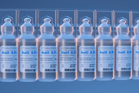 Eine übersichtliche Auswahl sterilisierter Natriumchlorid-Lösungsfläschchen (0,9%), die für sichere Einweganwendungen in medizinischen und klinischen Umgebungen gekennzeichnet sind.