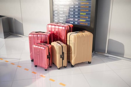 Téléchargez les photos : Des valises colorées alignées sur la toile de fond d'un panneau d'affichage des informations de vol de l'aéroport, signalant les retards et les annulations, capturant l'essence des perturbations de voyage. - en image libre de droit