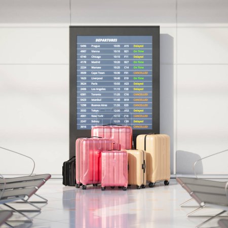 A bustling airport scene capturing travelers with their colorful luggage awaiting their flights, with a clear view of a departure board displaying delayed and canceled statuses.