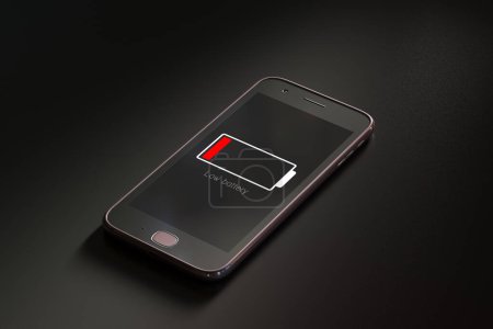 Eine detaillierte Ansicht des Bildschirms eines modernen Smartphones mit einem markanten Symbol mit niedrigem Akku, das vor einem verhaltenen Hintergrund hervorgehoben wird und auf eine dringende Notwendigkeit zum Aufladen hinweist.