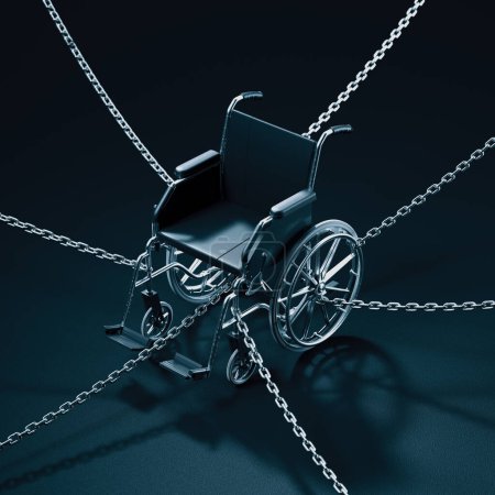 Un retrato llamativo de una silla de ruedas atada por cadenas contra un telón de fondo sombrío, que resume las profundas luchas que enfrentan las personas con discapacidad.