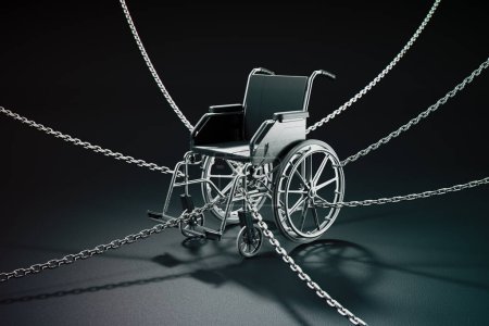 Téléchargez les photos : Une métaphore visuelle frappante représentant un fauteuil roulant étroitement lié avec des chaînes inébranlables sur un fond sombre, faisant allusion aux défis systémiques de mobilité et d'accessibilité. - en image libre de droit