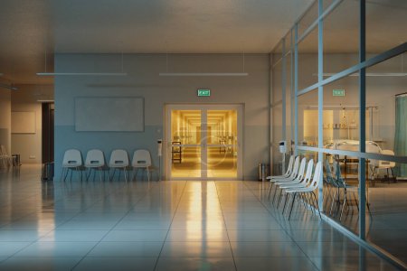 La lumière chaude du soir inonde un couloir de bureaux déserté et contemporain, mettant en valeur des chaises alignées et un tableau blanc, encadrés de cloisons en verre et d'éléments de design épurés..