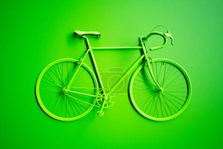 Téléchargez les photos : Un vélo vert impeccablement conçu et frappant est posé sur un fond vert parfaitement assorti, illustrant une esthétique minimaliste mais audacieuse dans cette configuration monochromatique. - en image libre de droit