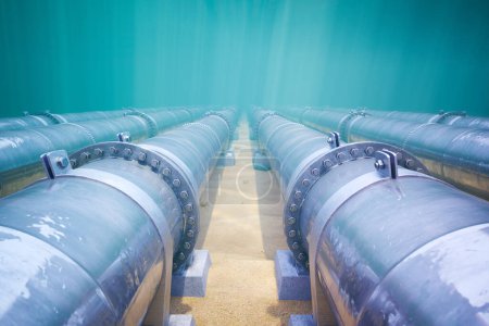 Foto de Gasoductos submarinos de ingeniería de precisión iluminados por la luz solar natural, que representan una avanzada destreza industrial en las profundidades del océano. - Imagen libre de derechos