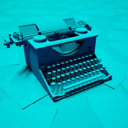 Téléchargez les photos : Une image monochrome cyan-tonique d'une machine à écrire antique avec du papier éparpillé, capturant l'essence de l'écriture historique, la créativité et la nostalgie dans une composition intemporelle. - en image libre de droit