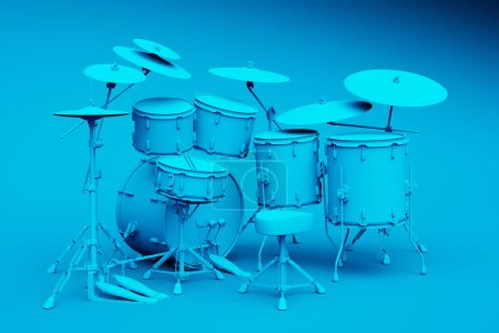 Téléchargez les photos : Cette illustration détaillée présente un ensemble de batterie baigné de différentes nuances de bleu, soulignant les composants complexes et l'essence musicale de la percussion dans un fond bleu solide.. - en image libre de droit
