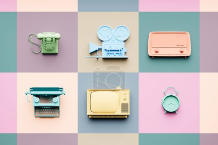 Photo for An eye-catching collection of retro electronics, including a rotary phone, vintage camera, old radio, classic typewriter, and more, neatly presented on pastel backgrounds. - Royalty Free Image