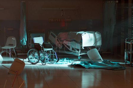 A decrepit and abandoned hospital room bathed in the unsettling glow of flickering lights; an overturned wheelchair and a ransacked bed adding to the eerie ambiance.