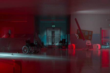 Photo for A decrepit hospital corridor bathed in sinister red light, strewn with rubble, abandoned furniture, and a lone overturned wheelchair paints a scene of post-calamity desolation. - Royalty Free Image
