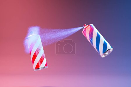 Téléchargez les photos : Scène captivante capturant deux aérosols suspendus dans les airs, avec des traînées de peinture rouge et bleue créant une explosion abstraite sur fond subtilement ombragé. - en image libre de droit