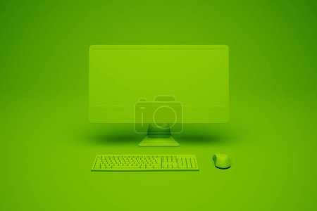 Téléchargez les photos : Un espace de travail monochrome saisissant mettant en valeur une configuration élégante de l'ordinateur ; moniteur dynamique à thème vert, clavier et souris sur un fond vert assorti, incarnant simplicité et style. - en image libre de droit