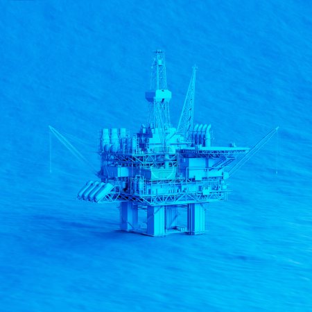 Impresionante ilustración monocromática de una plataforma petrolífera costera solitaria, su intrincada silueta de pie alta contra la serena extensión azul del océano, que simboliza el poderío industrial.