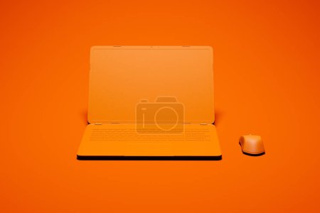 Auffällig minimalistisches Setup mit elegantem orangefarbenem Laptop und drahtloser Maus vor leuchtend orangefarbenem Hintergrund für einen geschlossenen ästhetischen Reiz.