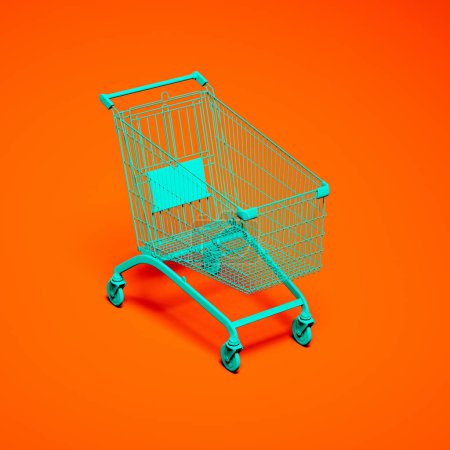 Foto de Impresionante composición minimalista con un carrito de compras verde azulado centrado en un fondo naranja vivo, que incorpora conceptos y diseños minoristas modernos. - Imagen libre de derechos