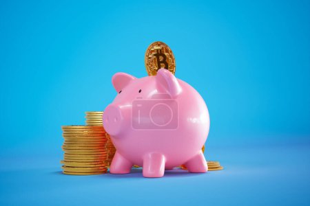 Foto de Crecimiento de la inversión, con una hucha rosa con una moneda Bitcoin insertada, rodeada de pilas de oro, que representa la fusión de los ahorros tradicionales y la criptomoneda digital moderna. - Imagen libre de derechos