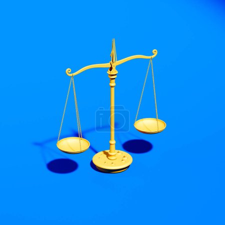 Téléchargez les photos : Cette représentation astucieuse représente une échelle d'équilibre d'or précise et rendue en 3D, placée sur un fond bleu profond - une incarnation classique de la loi, de la justice et de l'équilibre.. - en image libre de droit