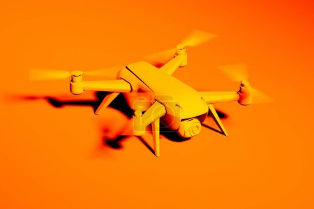 Téléchargez les photos : Un véhicule aérien sans pilote (UAV) avec hélices activées est présenté isolément, capturé d'un angle élevé contre un orange vif, illustrant à la fois la complexité de sa conception et son état de préparation au vol.. - en image libre de droit