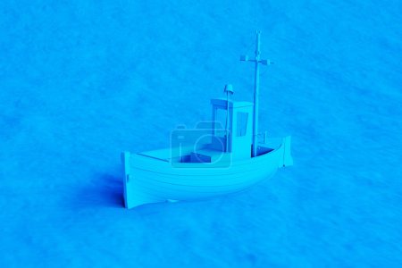 Digital art capturing a tranquil blue fishing boat on a seamlessly matching textured background, epitomizing minimalist and conceptual artistry in a monochromatic palette.