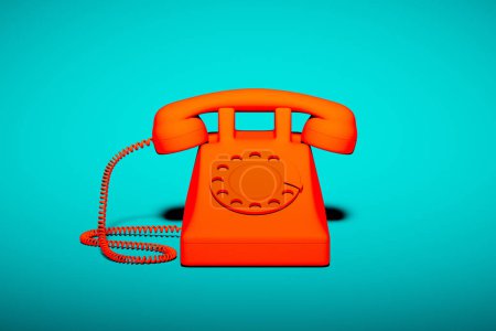 Foto de Impresionante ilustración de un teléfono de línea giratoria naranja con un diseño retro, colocado prominentemente sobre un fondo azul turquesa monocromo, evocando una sensación vintage. - Imagen libre de derechos