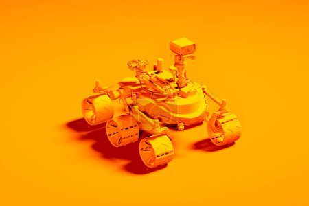 Authentic scale model of a Martian exploration rover poised on a uniform orange surface, illustrating potential planetary exploration technology with high detail.