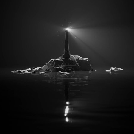 Photo for A striking 3D rendered scene in monochrome showcasing a geometric low poly island with a beaconing lighthouse against the serene night sky, its light reflected in the still water. - Royalty Free Image