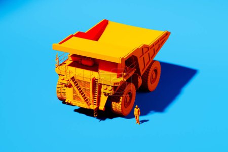 Photo for An eye-catching image showcasing a towering orange dump truck alongside a worker in safety gear set against a stark blue background, symbolizing industry strength. - Royalty Free Image
