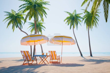 Foto de Una pintoresca escena captura la esencia de la tranquilidad con vibrantes sillones de rayas anaranjadas debajo de paraguas de paja, enmarcados por exuberantes palmeras y cielos azules. - Imagen libre de derechos