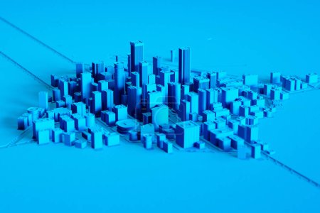 Téléchargez les photos : Une ville modèle méticuleusement conçu baigné de bleu monochrome, dépeignant une gamme diversifiée de styles de construction et capturant l'essence d'un horizon urbain. - en image libre de droit
