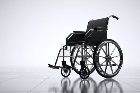 Foto de Una imagen cruda que muestra una silla de ruedas manual negra vacía y contemporánea, que representa temas de movilidad, asistencia médica y discapacidad sobre un fondo blanco puro. - Imagen libre de derechos