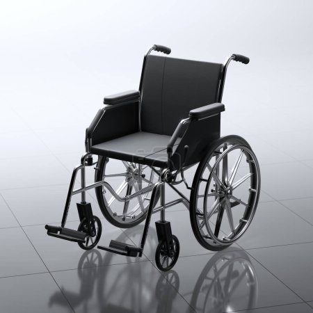 Foto de Esta imagen captura una sofisticada silla de ruedas negra con un marco metálico reflectante, en contra de un piso pulido, similar a un espejo, destacando su diseño elegante y su ingeniería moderna.. - Imagen libre de derechos