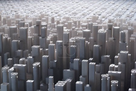 This digital illustration presents a monochrome urban skyline, an array of stylized skyscrapers evoking a futuristic and minimalist cityscape with a distinct geometric design.