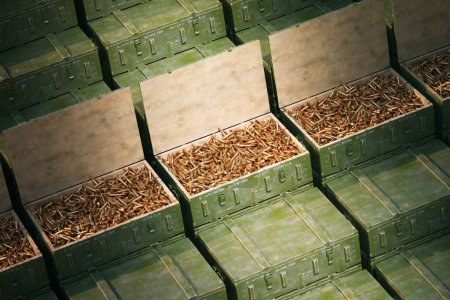 Detallada toma aérea que muestra una colección de cajas de municiones militares abiertas completamente llenas de balas metálicas, iluminadas por la luz natural del día.