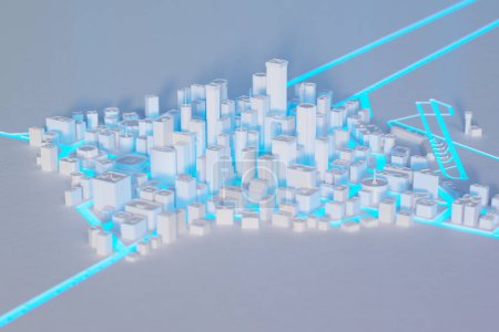 A detailed 3D-rendered cityscape miniaturization featuring radiant neon blue lines on a stark background; representative of innovative urban technology and intelligent infrastructure design.