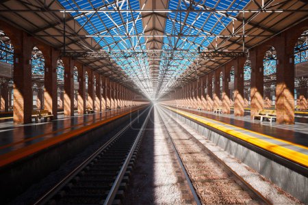 The stark symmetry of an empty train station platform is captured in this image, where sunlit tracks stretch outward, flanked by brick columns and a translucent roof casting elongated shadows.