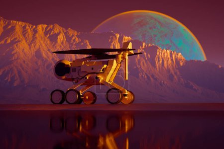 Photo for This 3D rendition showcases a Mars rover amidst an alien planetary expedition, with imposing mountains and an imposing, vibrant moon ascending in the martian sky. - Royalty Free Image