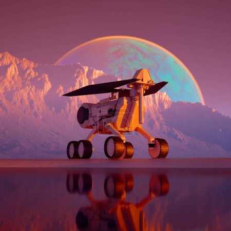 Foto de Esta evocadora representación 3D muestra un rover robótico navegando por el escarpado terreno marciano, capturando el momento de una puesta de sol celestial que se refleja en la superficie del planeta. - Imagen libre de derechos