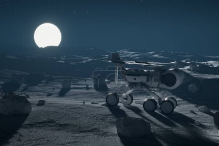 This image depicts a sophisticated autonomous lunar rover traversing the rugged terrain of the moon's surface, brilliantly illuminated by a nearby celestial presence.